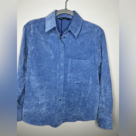 ZARA Fine-Waled Corduroy Oversized Blue Button-Up Shirt Size XS - Picture 8 of 15